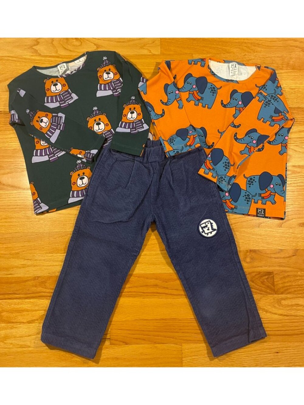 Kukukid Navy Corduroys, Elephant & Bear Tops